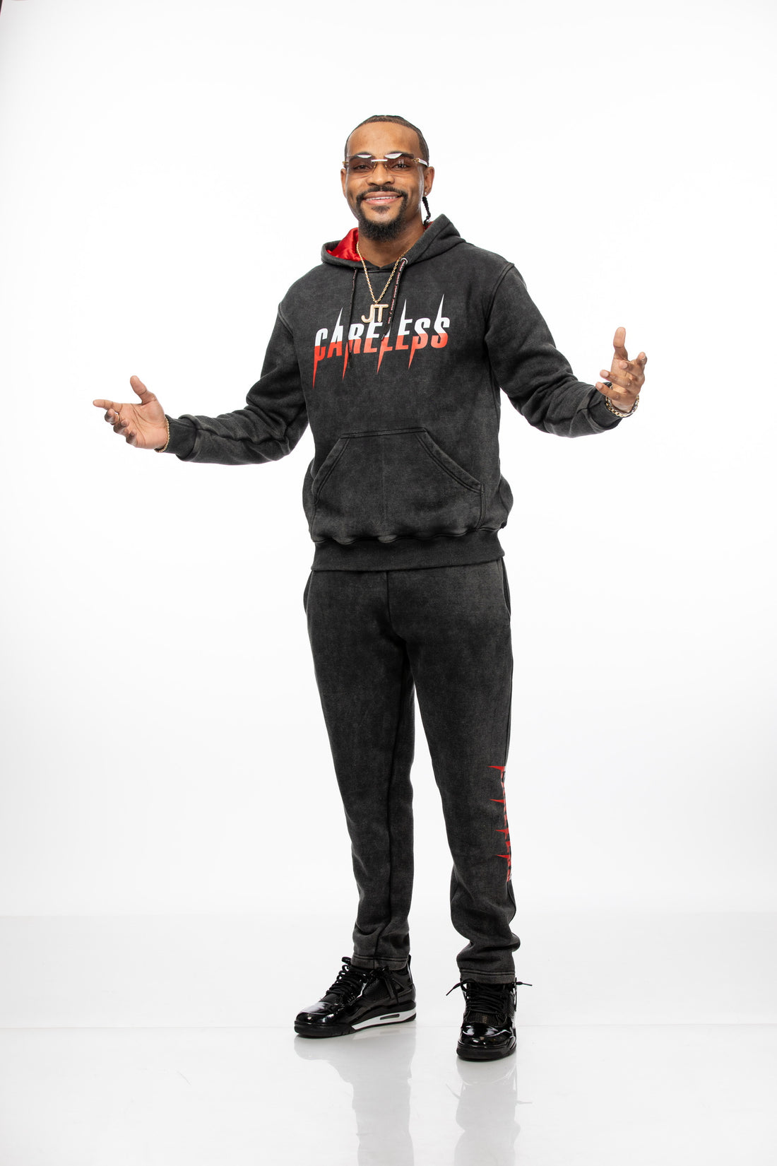 Careless Black Acid Wash Jogging Suit with Silk-Lined Hood