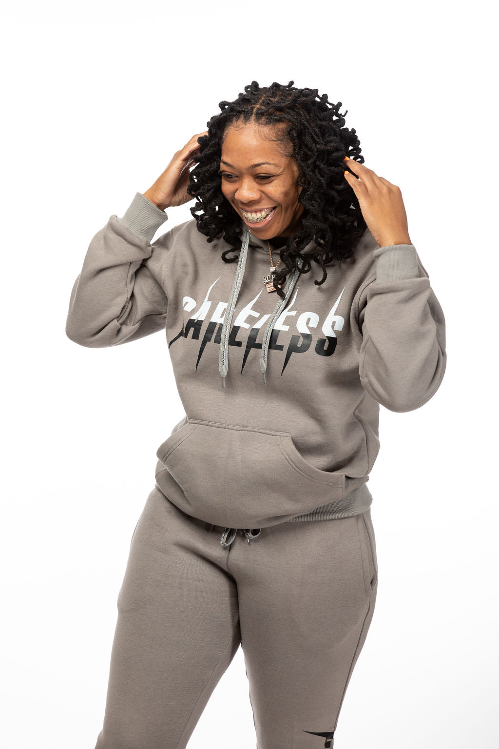 Careless Gray Jogging Suit with Silk-Lined Hood