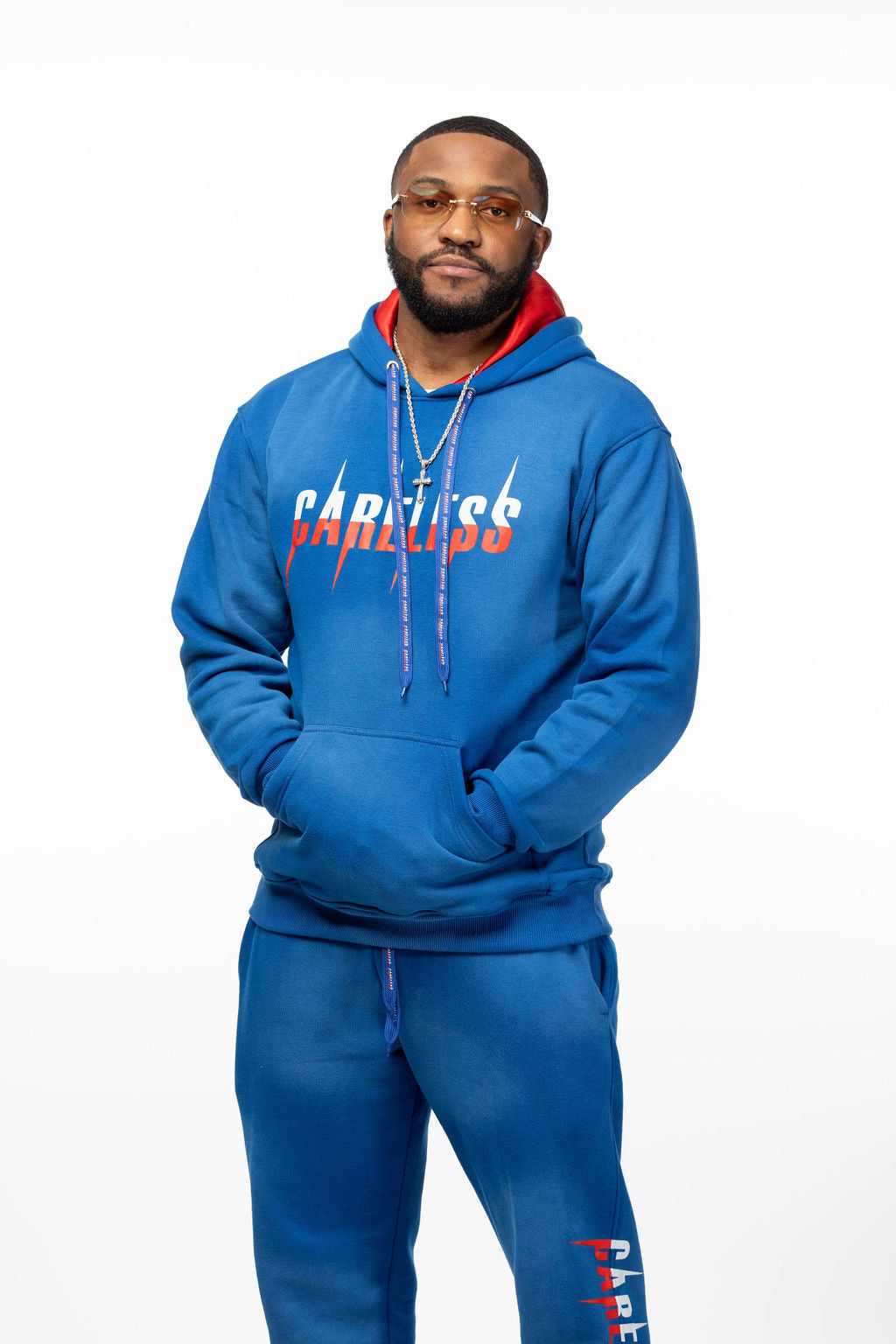 Careless Blue Acid Wash Jogging Suit with Silk-Lined Hood