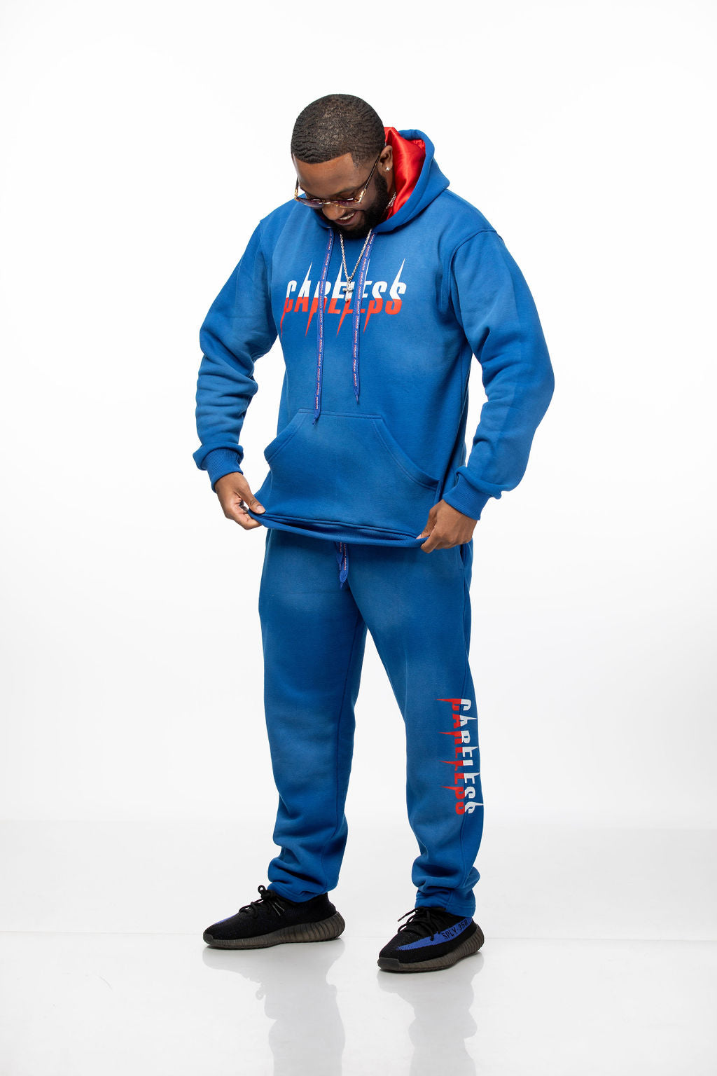 Careless Blue Acid Wash Jogging Suit with Silk-Lined Hood