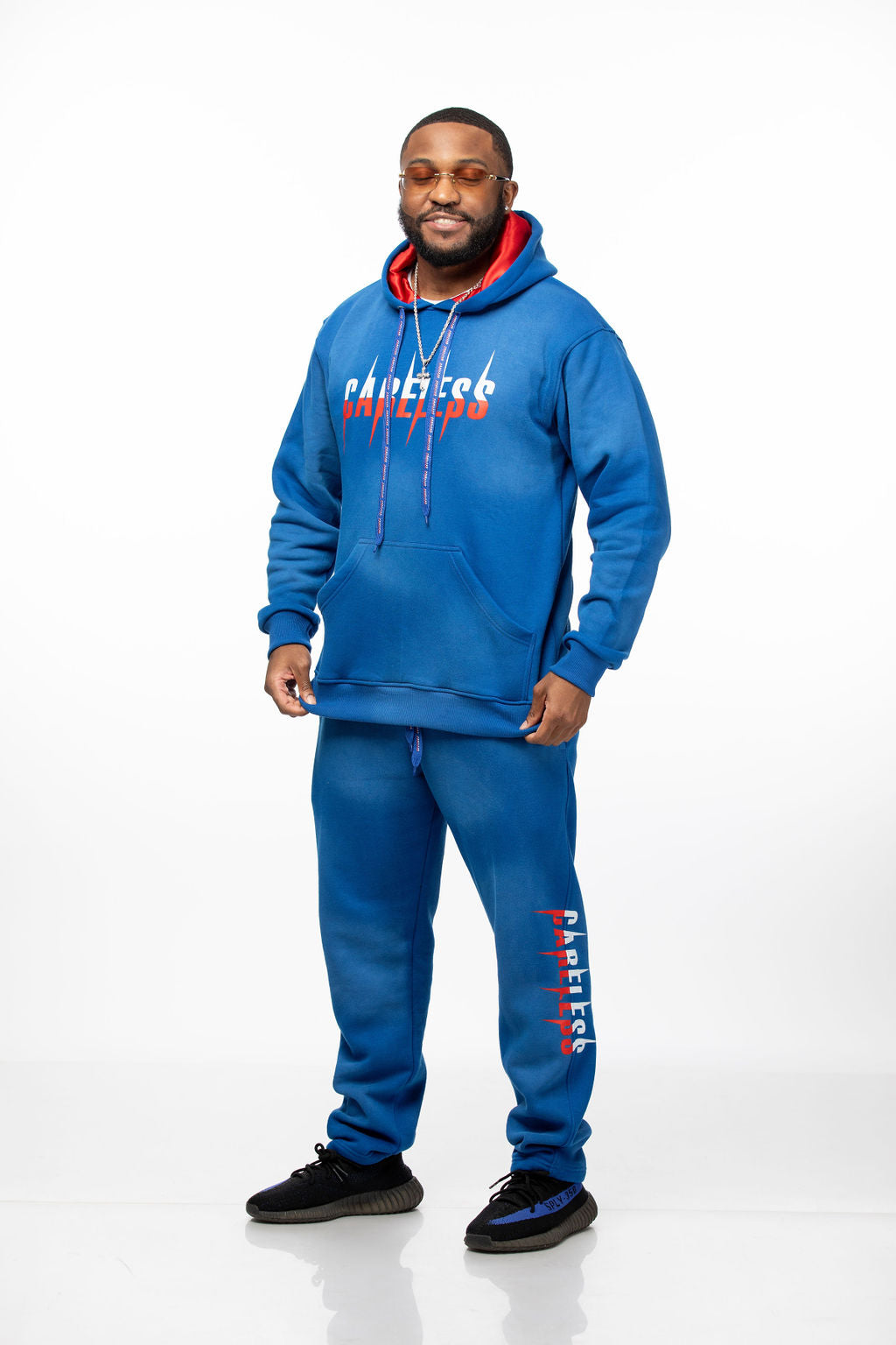 Careless Blue Acid Wash Jogging Suit with Silk-Lined Hood
