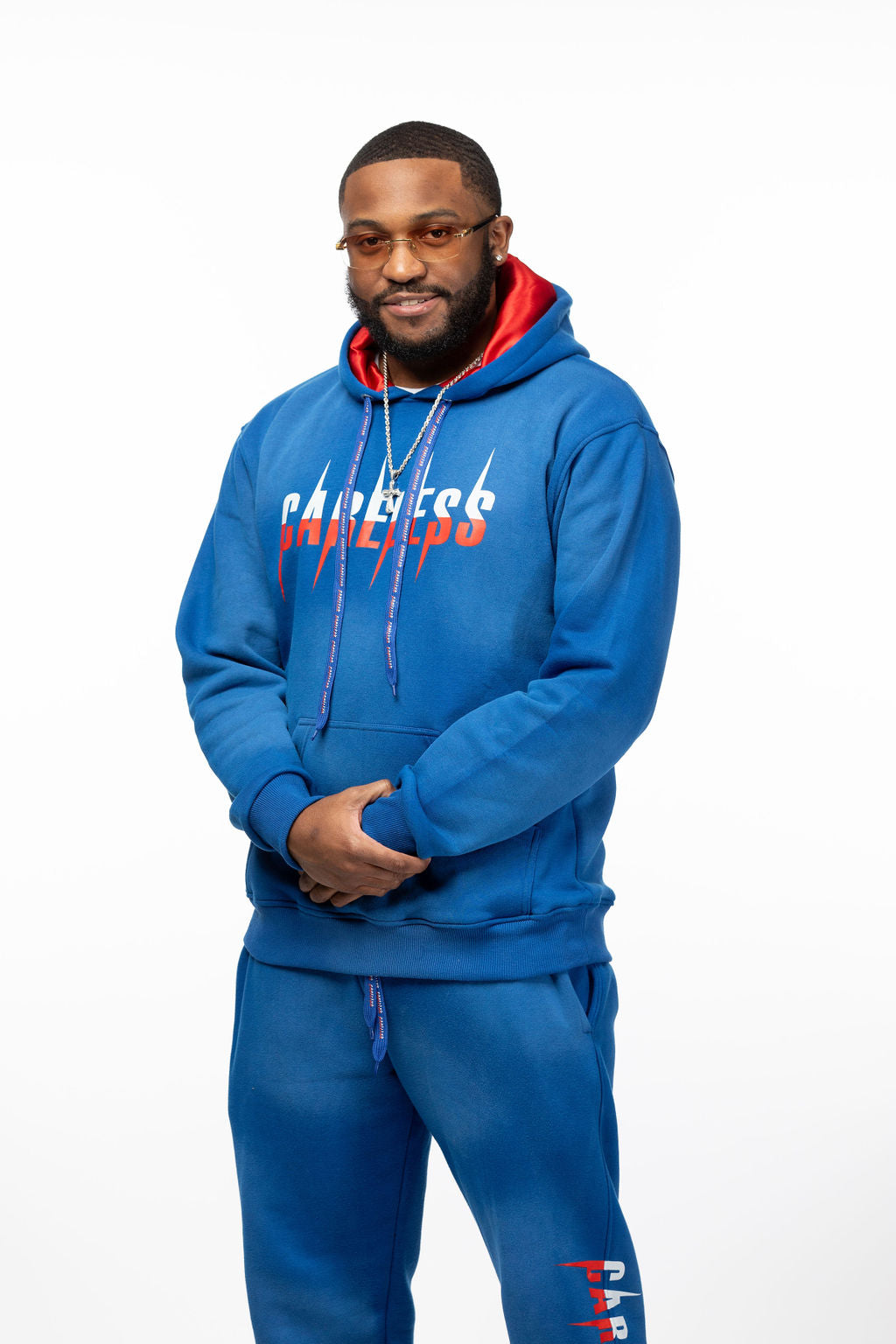 Careless Blue Acid Wash Jogging Suit with Silk-Lined Hood