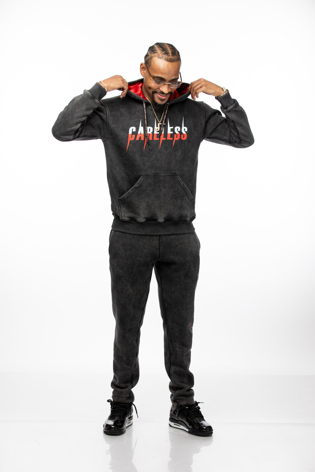 Careless Black Acid Wash Jogging Suit with Silk-Lined Hood