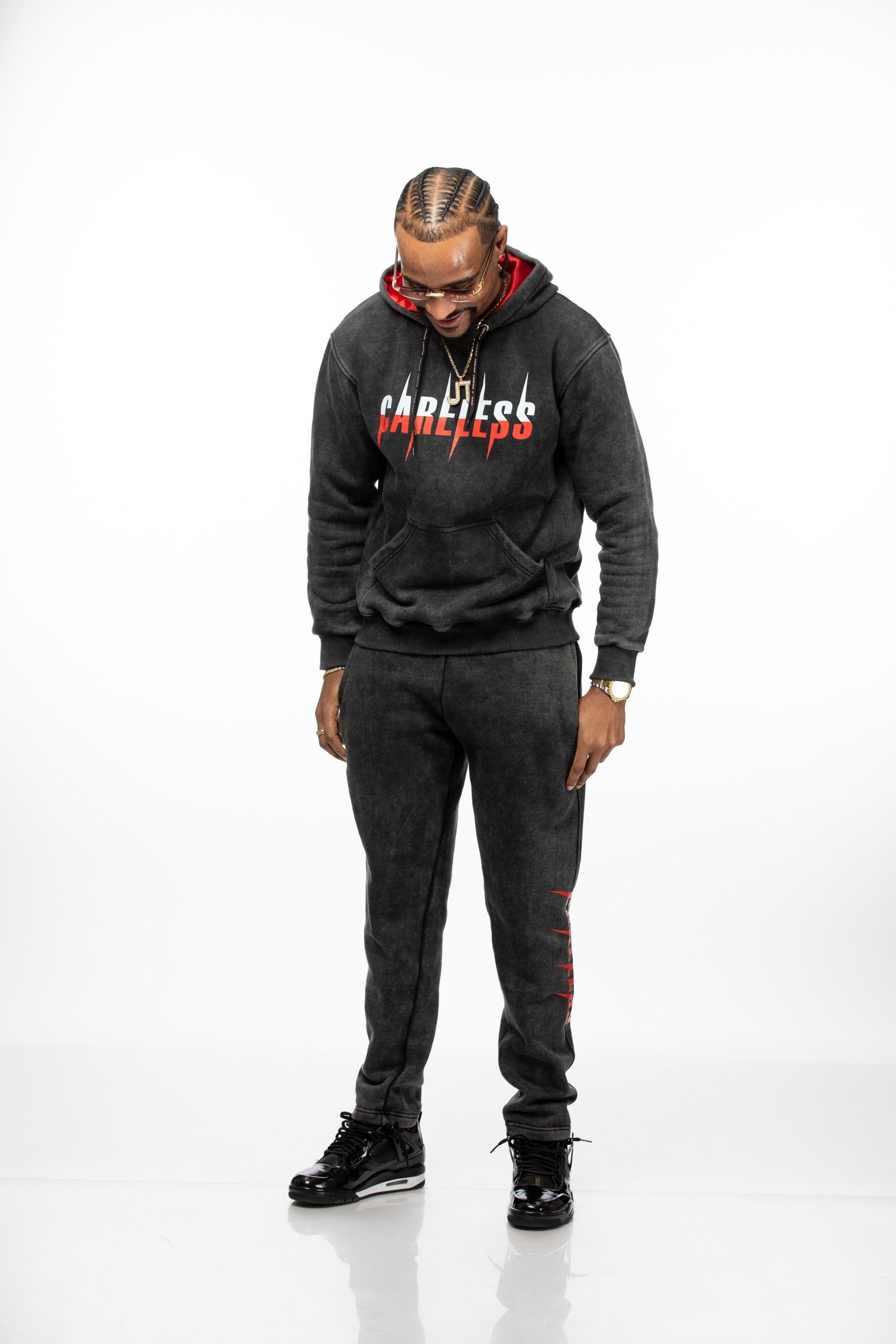 Careless Black Acid Wash Jogging Suit with Silk-Lined Hood